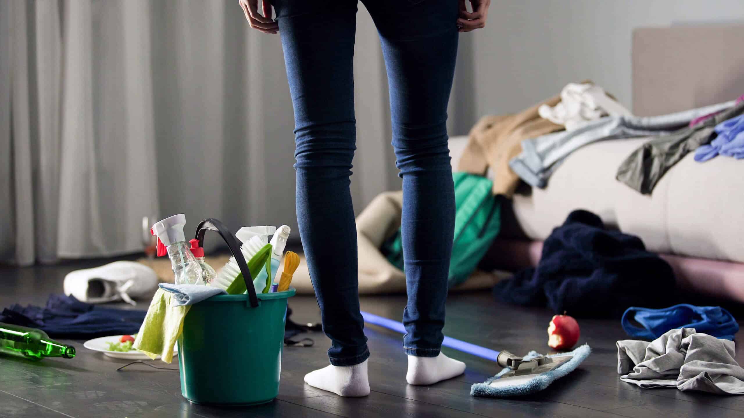 Woman horrified by mess left after party in her apartment, cleaning service Woman horrified by mess left after party in her apartment, cleaning service, stock footage